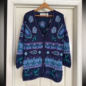 Vtg Cottagecore Knit Cardigan Granny Floral Portraits by Northern Isles 
size XL